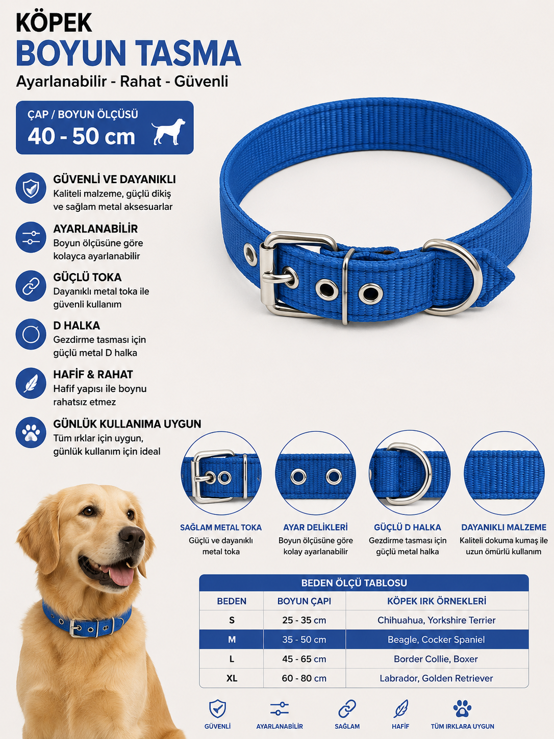 Köpek Boyun Tasması 40-50 cm Ayarlanabilir Dokuma Metal Tokalı D Halkalı - Mavi