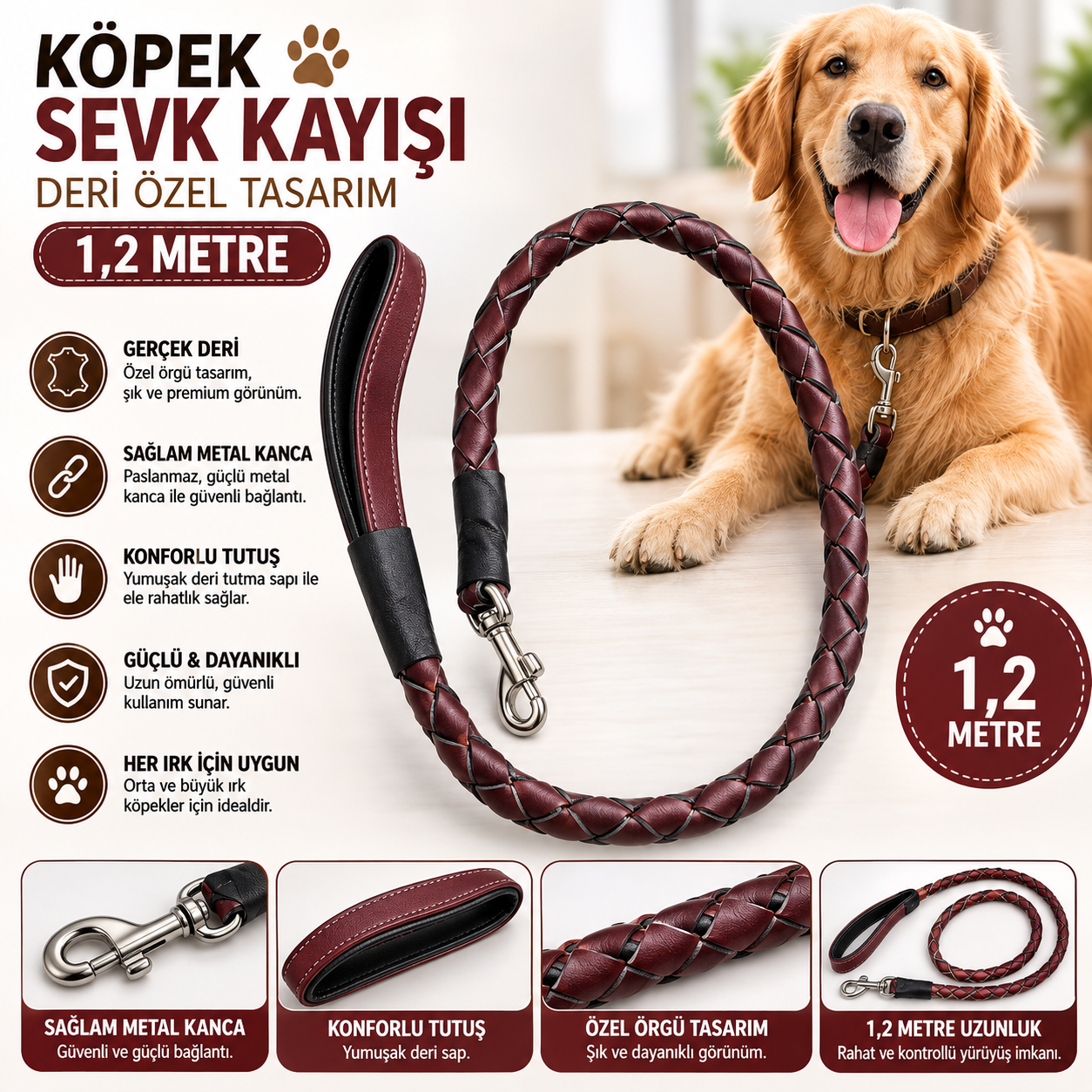 Deri Örgü Köpek Sevk Kayışı 1,2 Metre Yumuşak Deri Saplı Metal Kancalı - Bordo