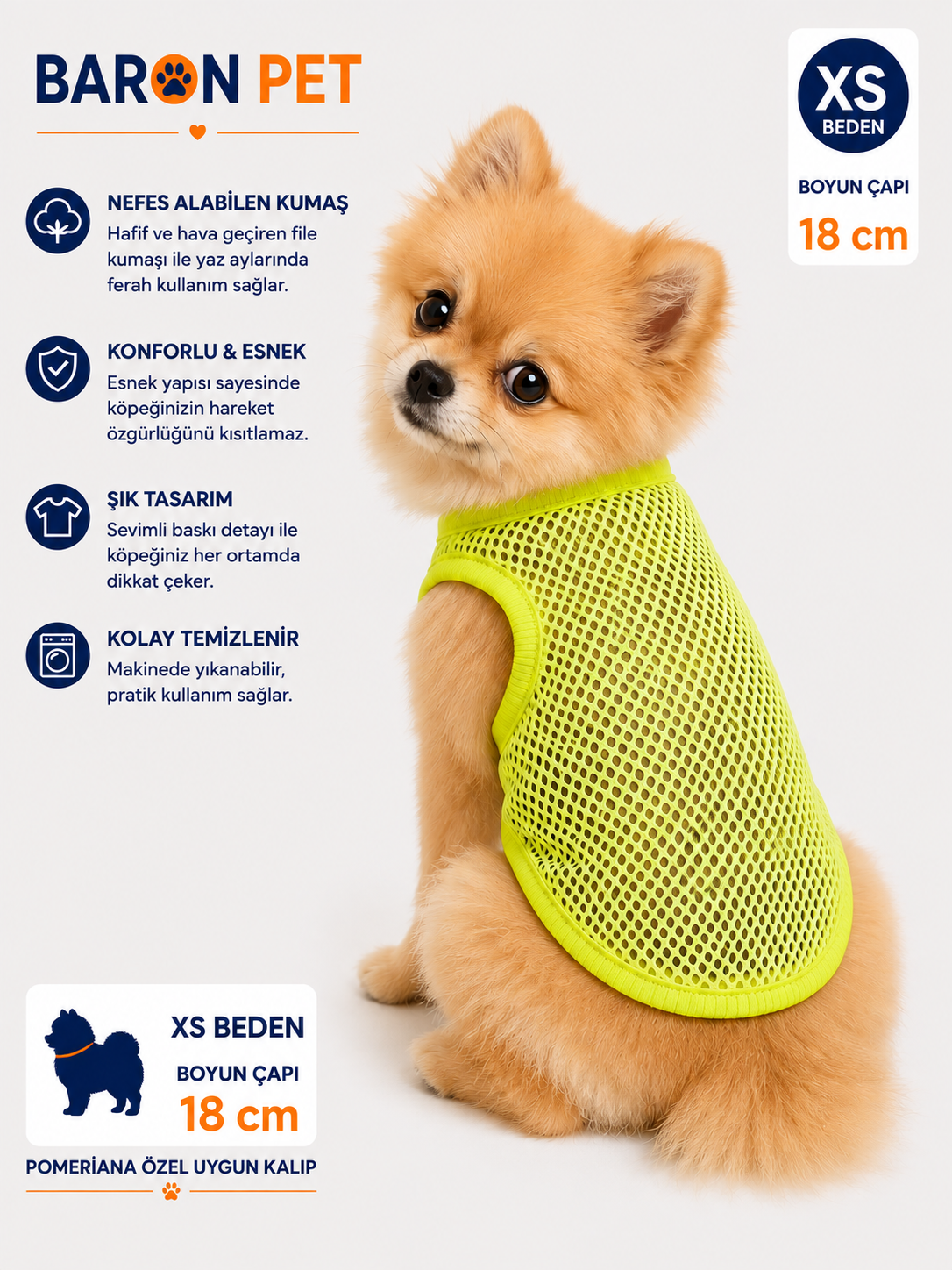 Köpek Tişörtü XS Beden Boyun Çapı 18 cm Pomeranian Kalıp File Kumaş Kolsuz - Neon Sarı