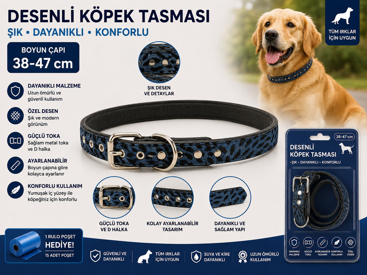 Desenli Köpek Boyun Tasması 38-47 cm Ayarlanabilir Metal Tokalı D Halkalı - Lacivert