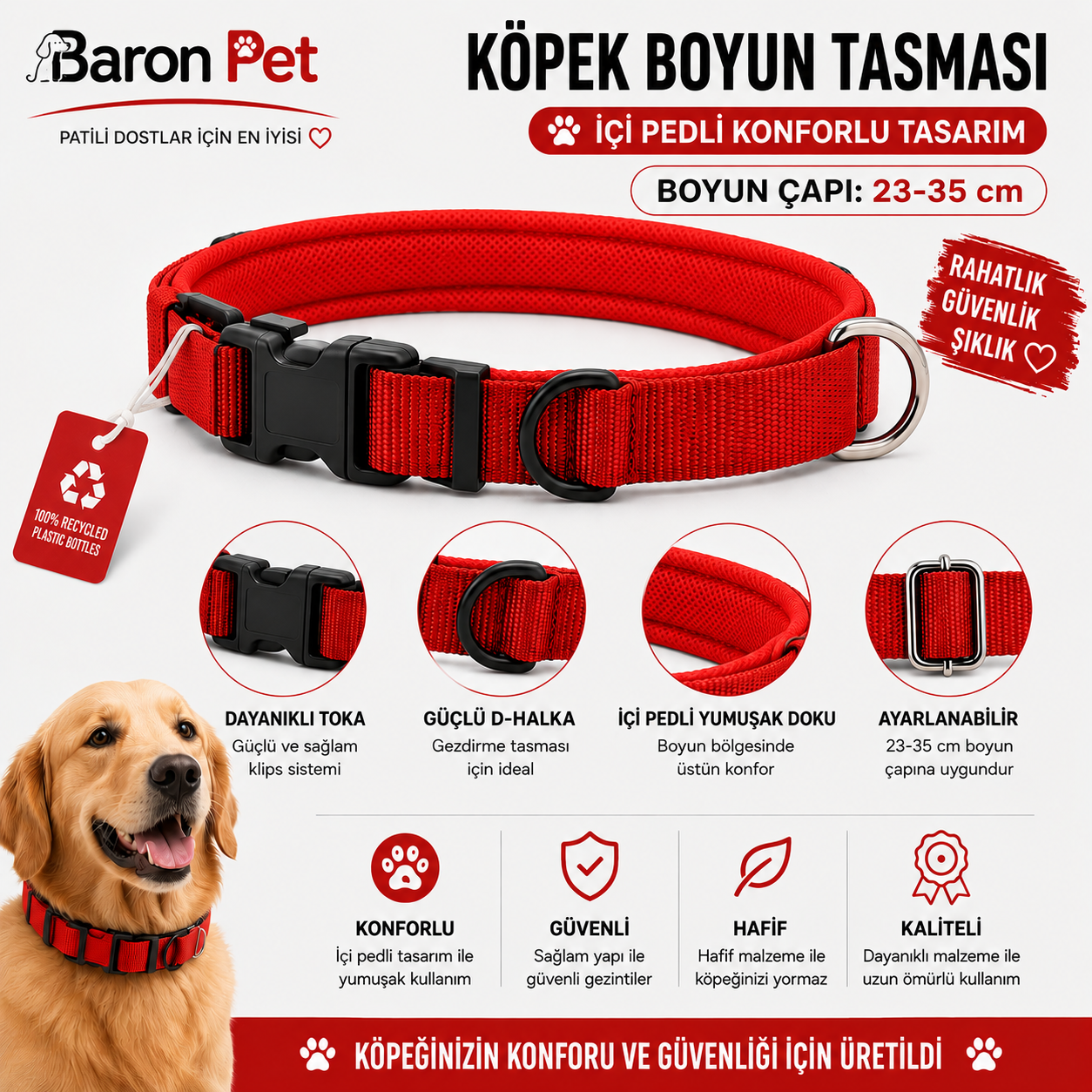 Geri Dönüştürülmüş Pedli Köpek Boyun Tasması 23-35 cm Klips Tokalı - Kırmızı
