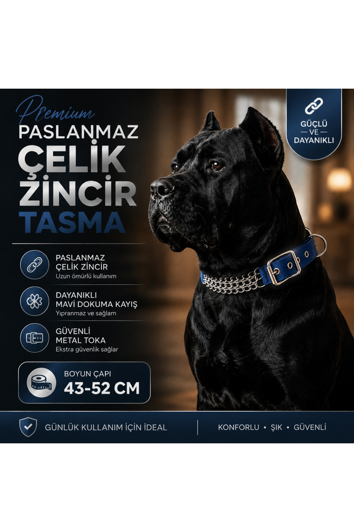 Köpek Zincir Boyun Tasması Paslanmaz Çelik Mavi Dokuma Kayış 43-52 cm Ayarlanabilir