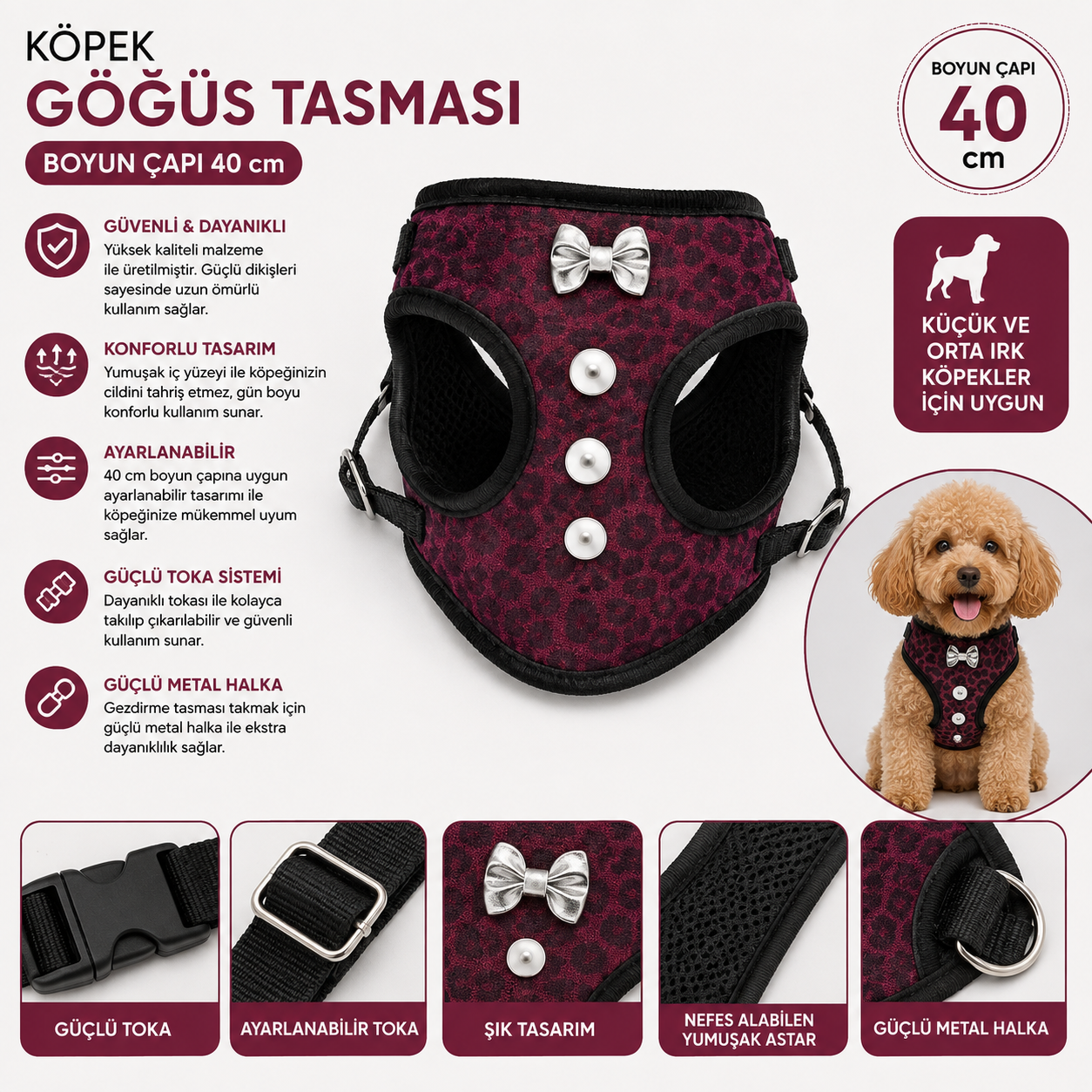 Köpek Göğüs Tasması Yelek Tipi 40 cm Leopar Desenli Papyonlu İncili File Astarlı - Bordo