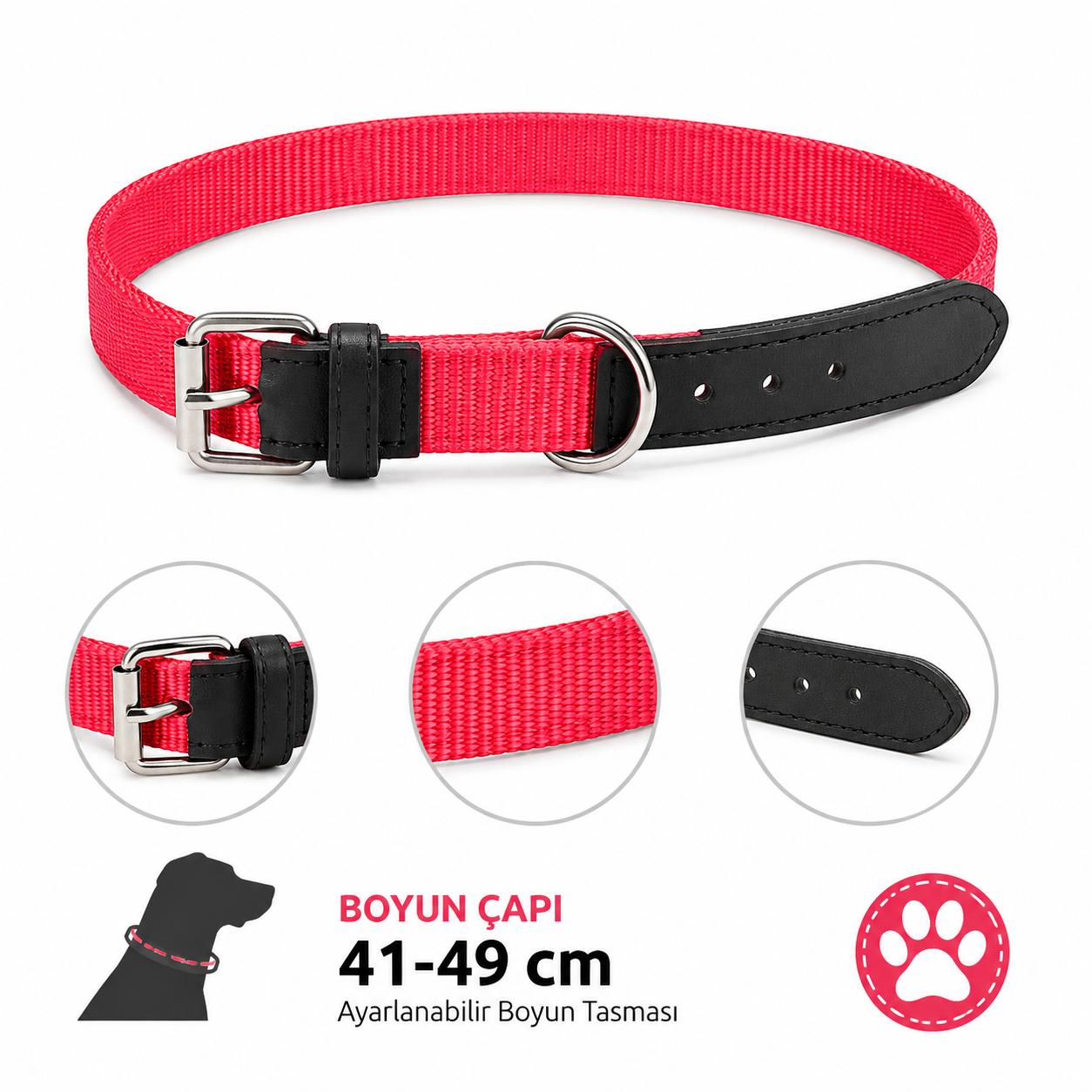 Köpek Boyun Tasması 41-49 cm Dokuma Naylon Siyah Deri Uçlu Metal Tokalı - Kırmızı