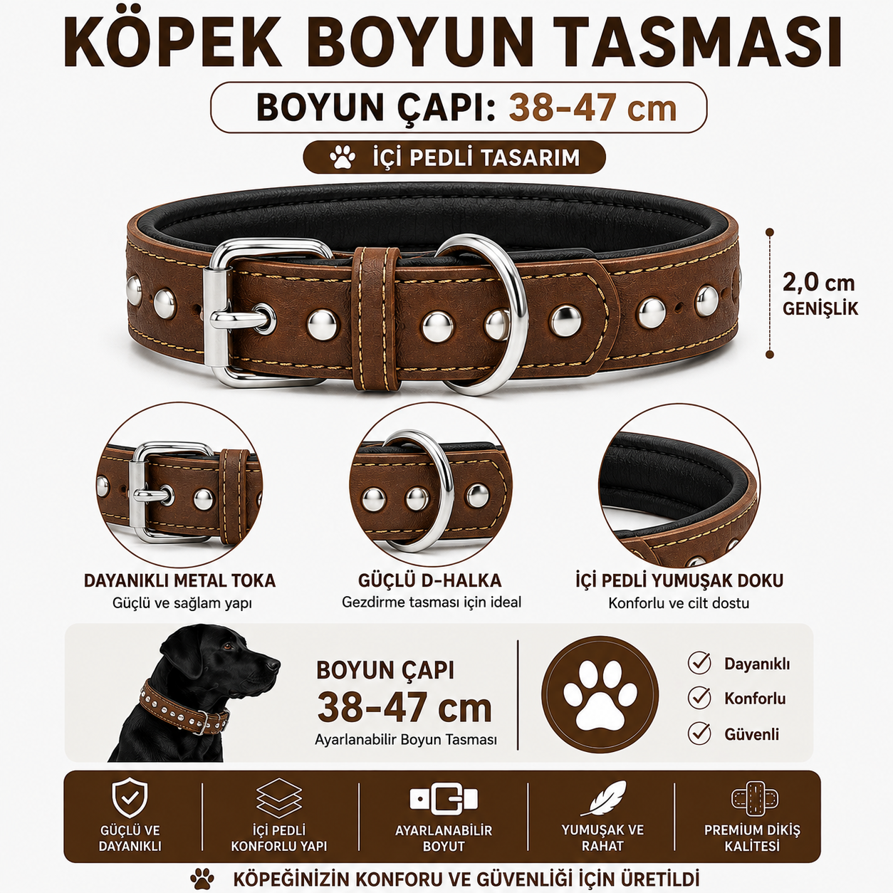 Perçin Süslemeli Deri Köpek Boyun Tasması 38-47 cm Pedli İç Yüzey Metal Tokalı - Kahverengi