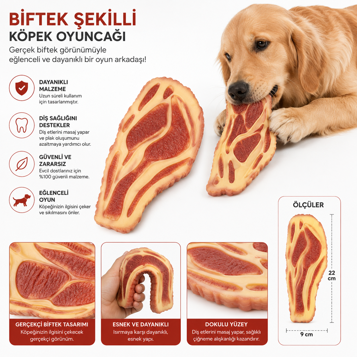 Biftek Şekilli Köpek Çiğneme Oyuncağı Diş Sağlığı Destekleyici 22 cm