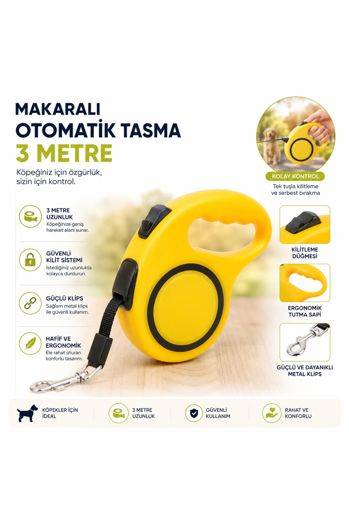 Makaralı Otomatik Köpek Gezdirme Tasması 3 Metre Sarı Kilitlemeli Ergonomik