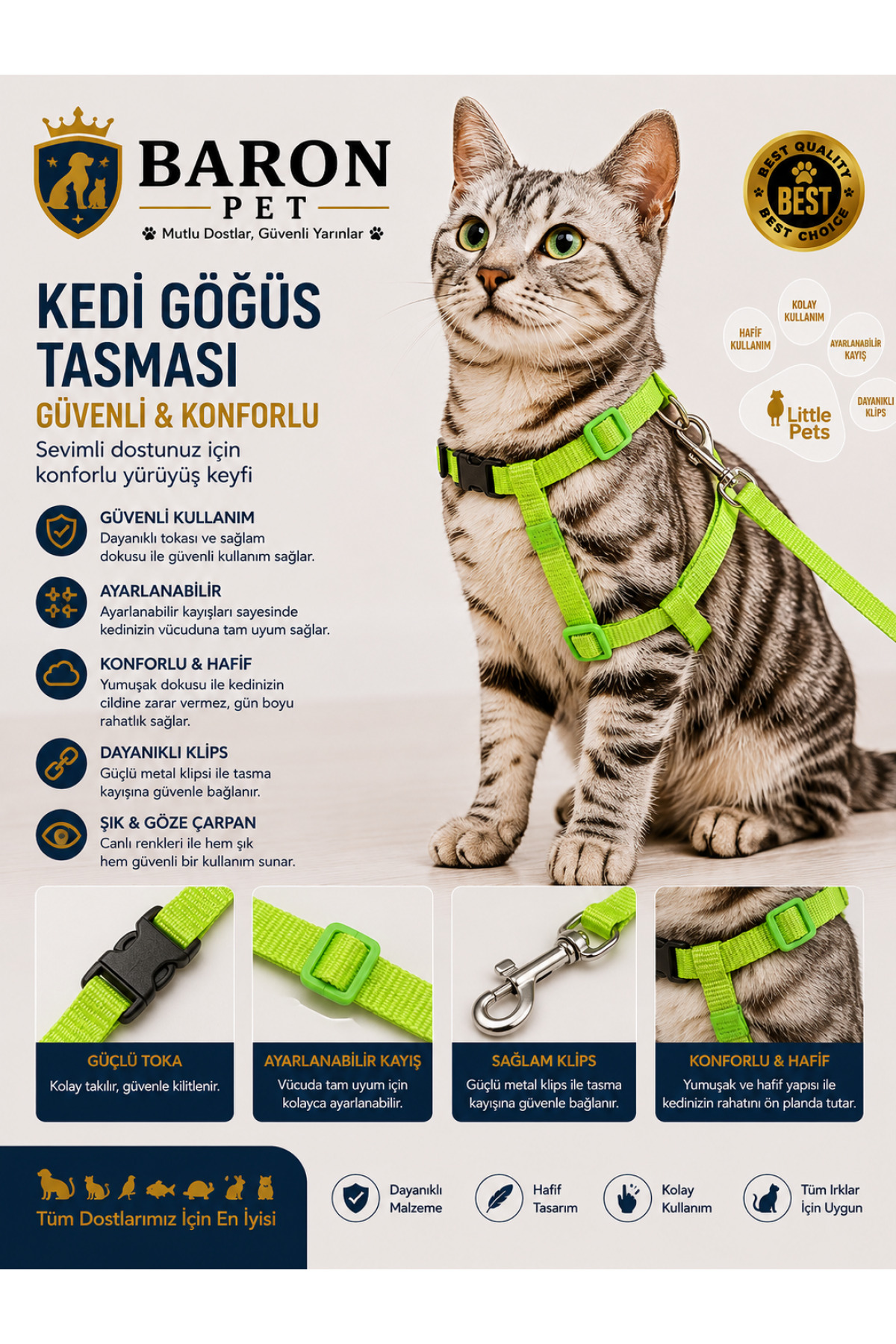 Kedi Göğüs Tasması ve Gezdirme Kayışı Seti Fıstık Yeşili Düz Ayarlanabilir