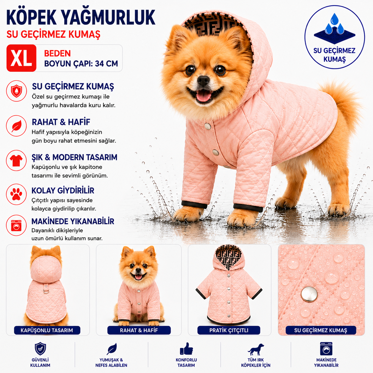 Köpek Yağmurluk XL Beden Boyun Çapı 34 cm Su Geçirmez Kapüşonlu Çıtçıtlı - Pembe