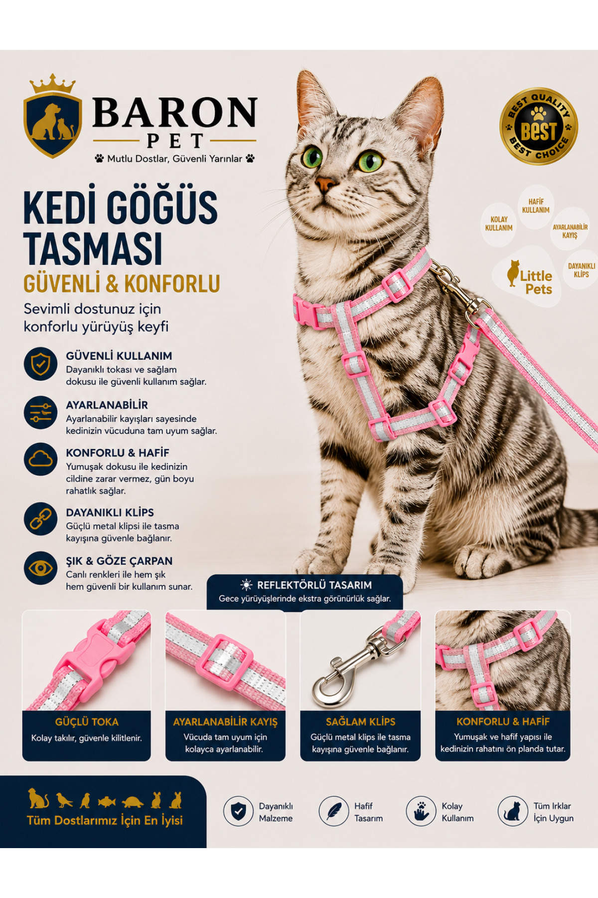 Kedi Göğüs Tasması ve Gezdirme Kayışı Seti Pembe Reflektörlü Ayarlanabilir
