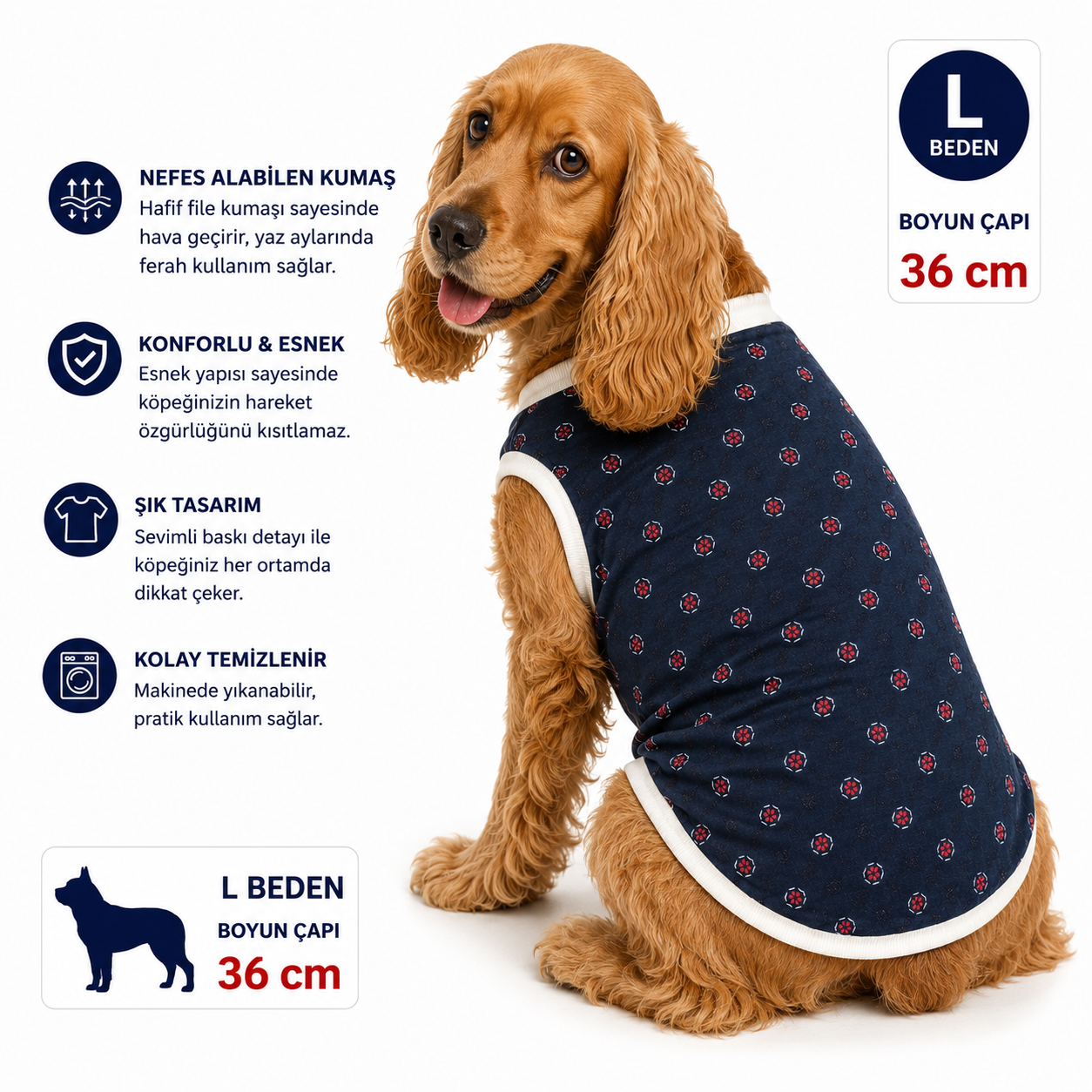 Köpek Tişörtü L Beden Boyun Çapı 36 cm Denizci Dümen Desenli Kolsuz Atlet - Lacivert