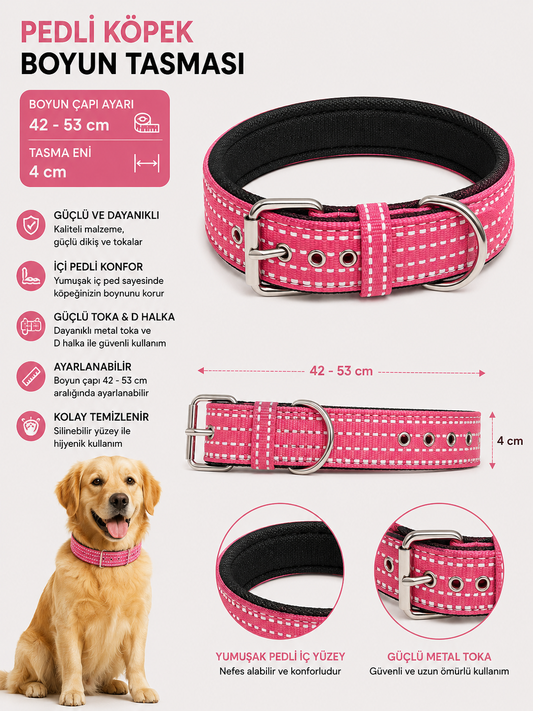 Pedli Köpek Boyun Tasması 42-53 cm 4 cm Geniş Reflektörlü Dikişli Metal Tokalı - Pembe