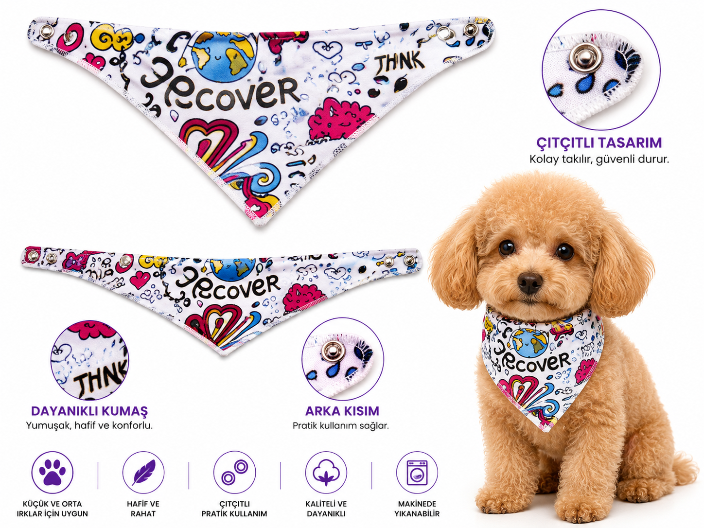 Köpek ve Kedi Fuları Çıtçıtlı Grafiti Desenli Bandana - Beyaz