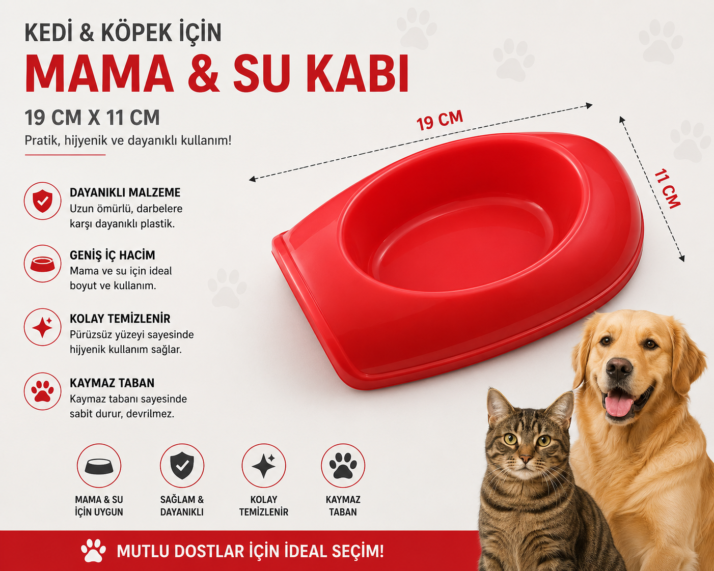 Kedi Köpek Mama ve Su Kabı 19x11 cm Oval Kaymaz Tabanlı - Kırmızı