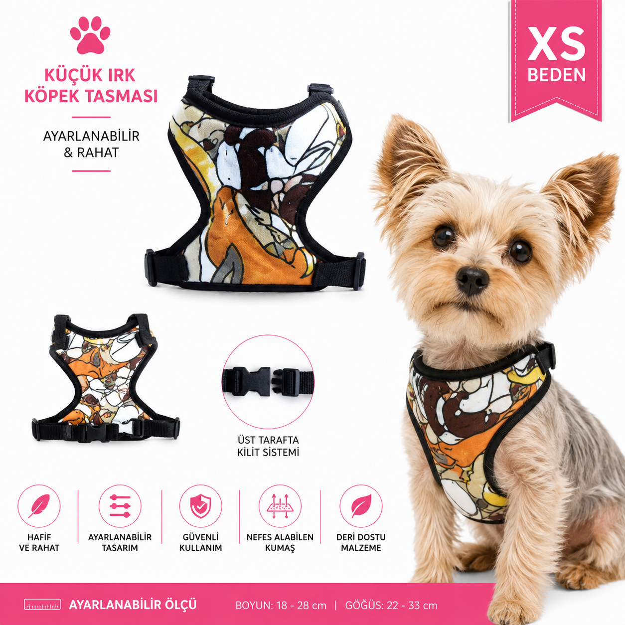 Küçük Irk Köpek Göğüs Tasması Yelek Tipi Ayarlanabilir Desenli - XS Beden