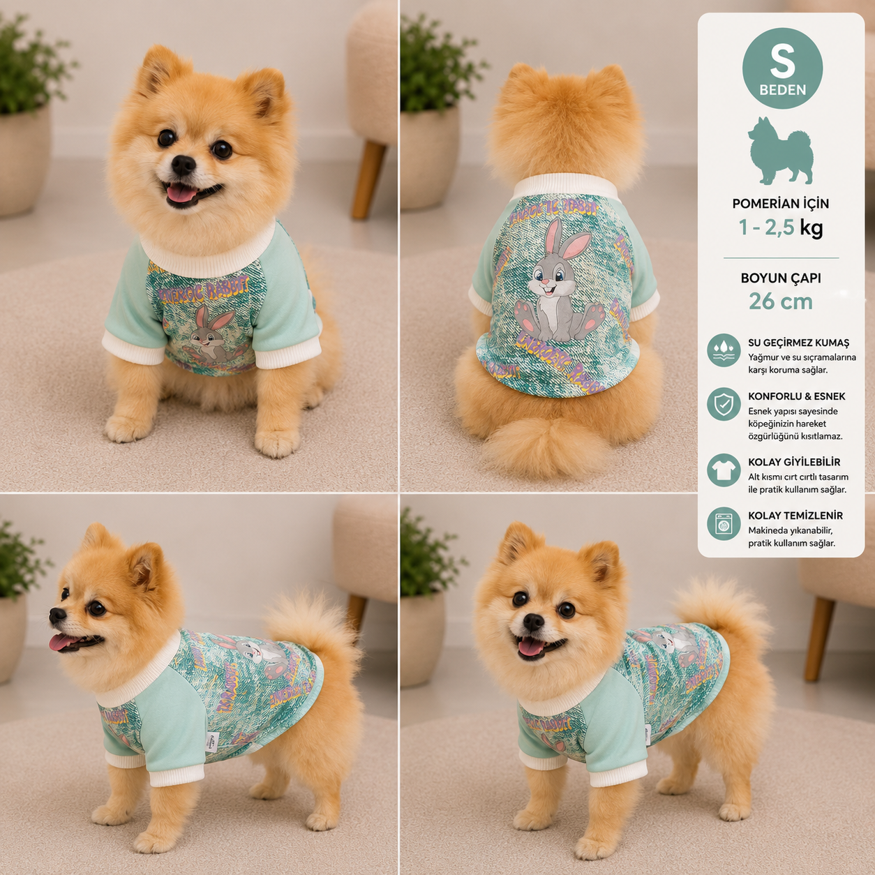 Köpek Sweatshirt S Beden Boyun Çapı 26 cm Tavşan Desenli Cırt Cırtlı - Mint Yeşili