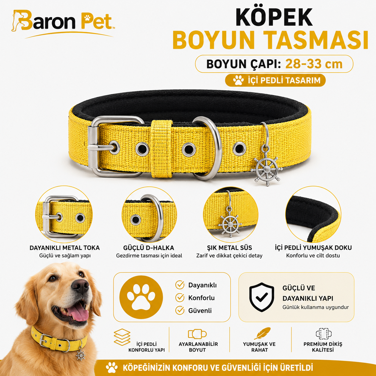 Pedli Köpek Boyun Tasması 28-33 cm 2 cm İçi Pedli Metal Tokalı D Halkalı - Sarı