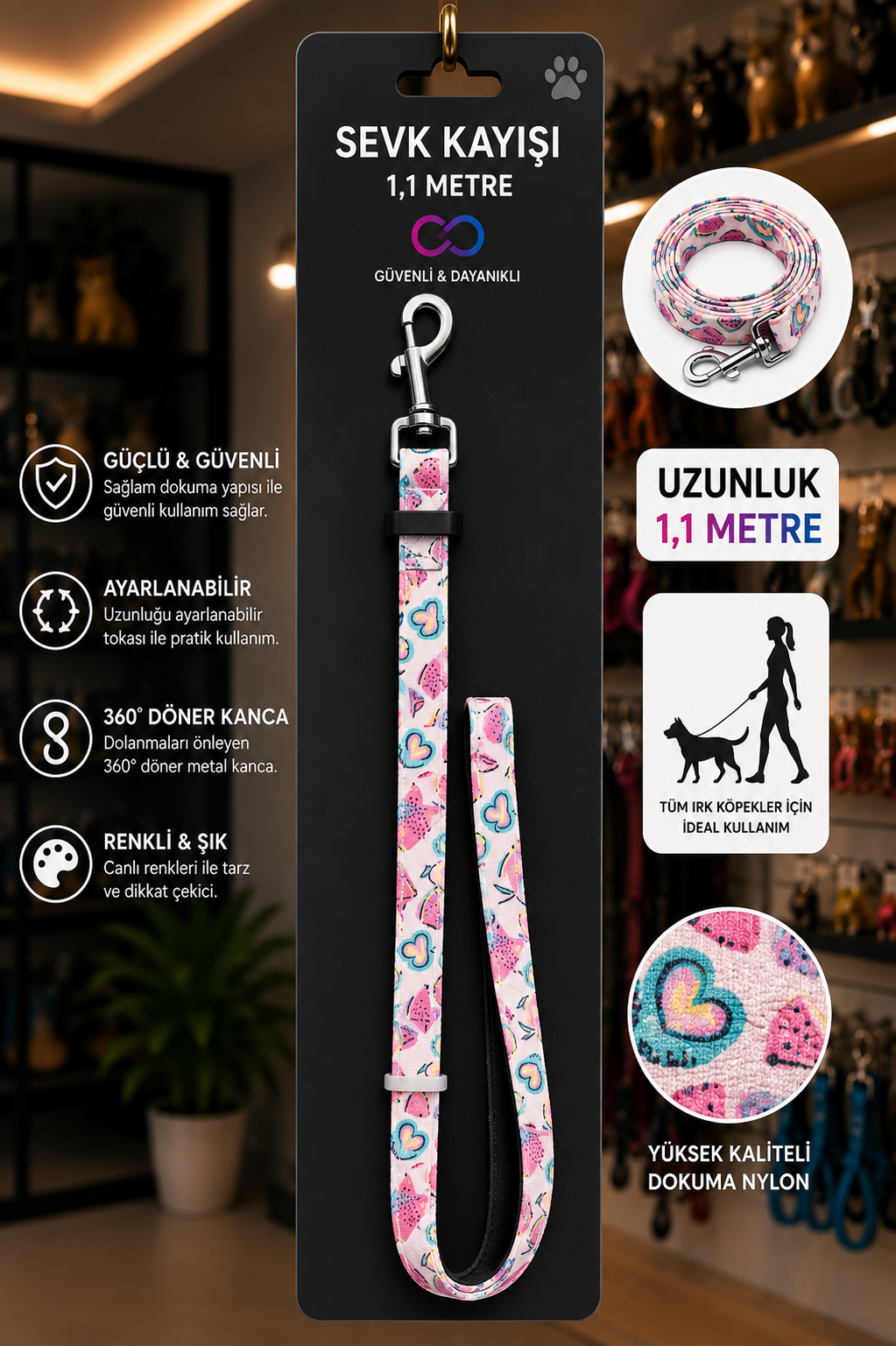 Köpek Sevk Kayışı 1,2 Metre Ayarlanabilir 360 Derece Döner Metal Kancalı - Mavi Çizgili