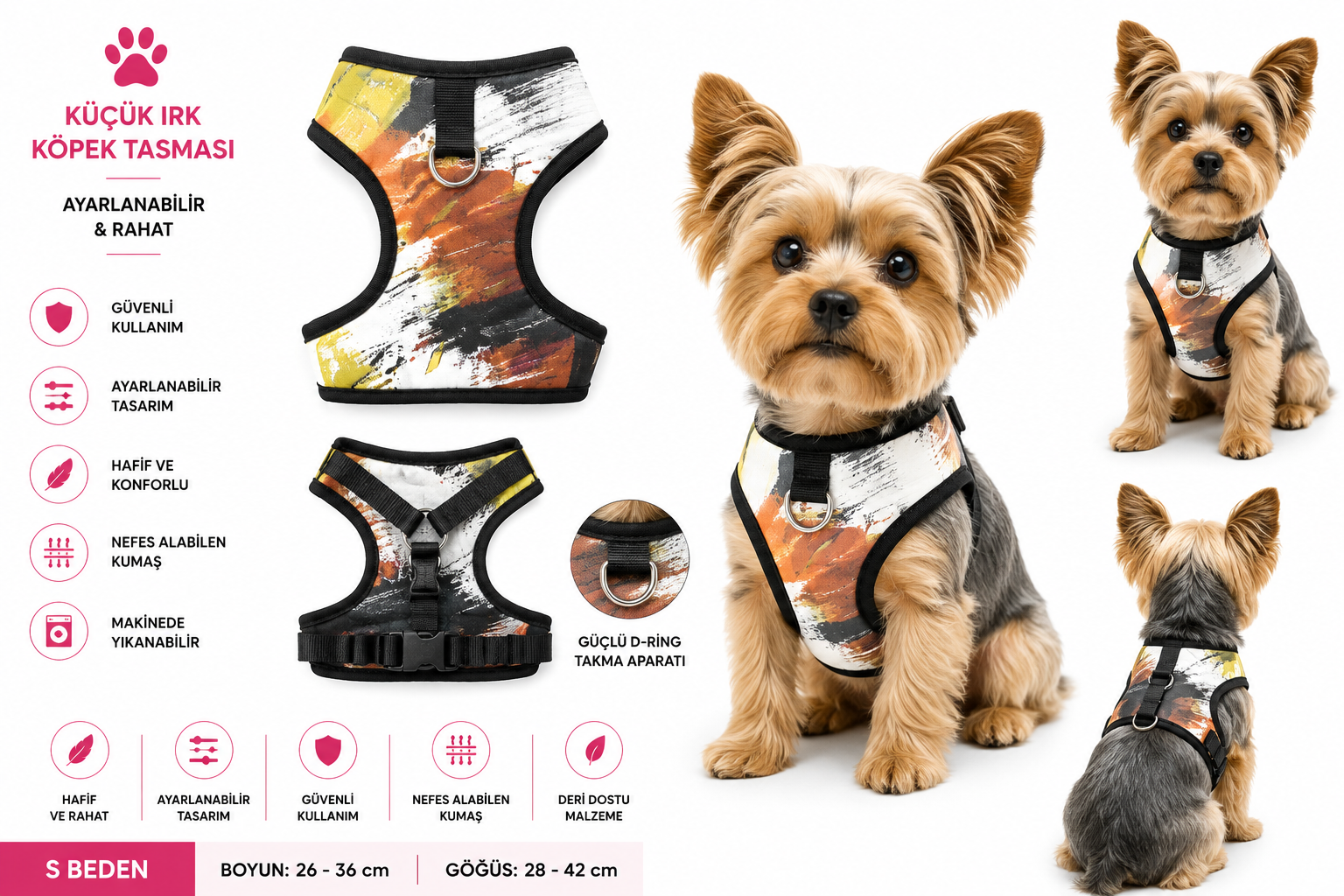 Küçük Irk Köpek Göğüs Tasması Soyut Desenli Ayarlanabilir - S Beden