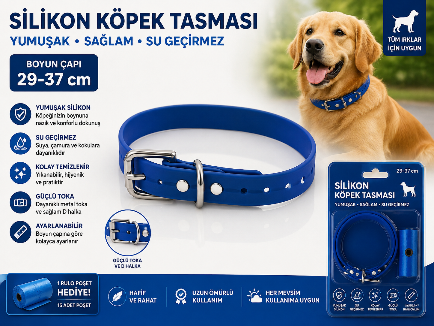 Silikon Köpek Boyun Tasması 29-37 cm Su Geçirmez Ayarlanabilir Metal Tokalı - Mavi