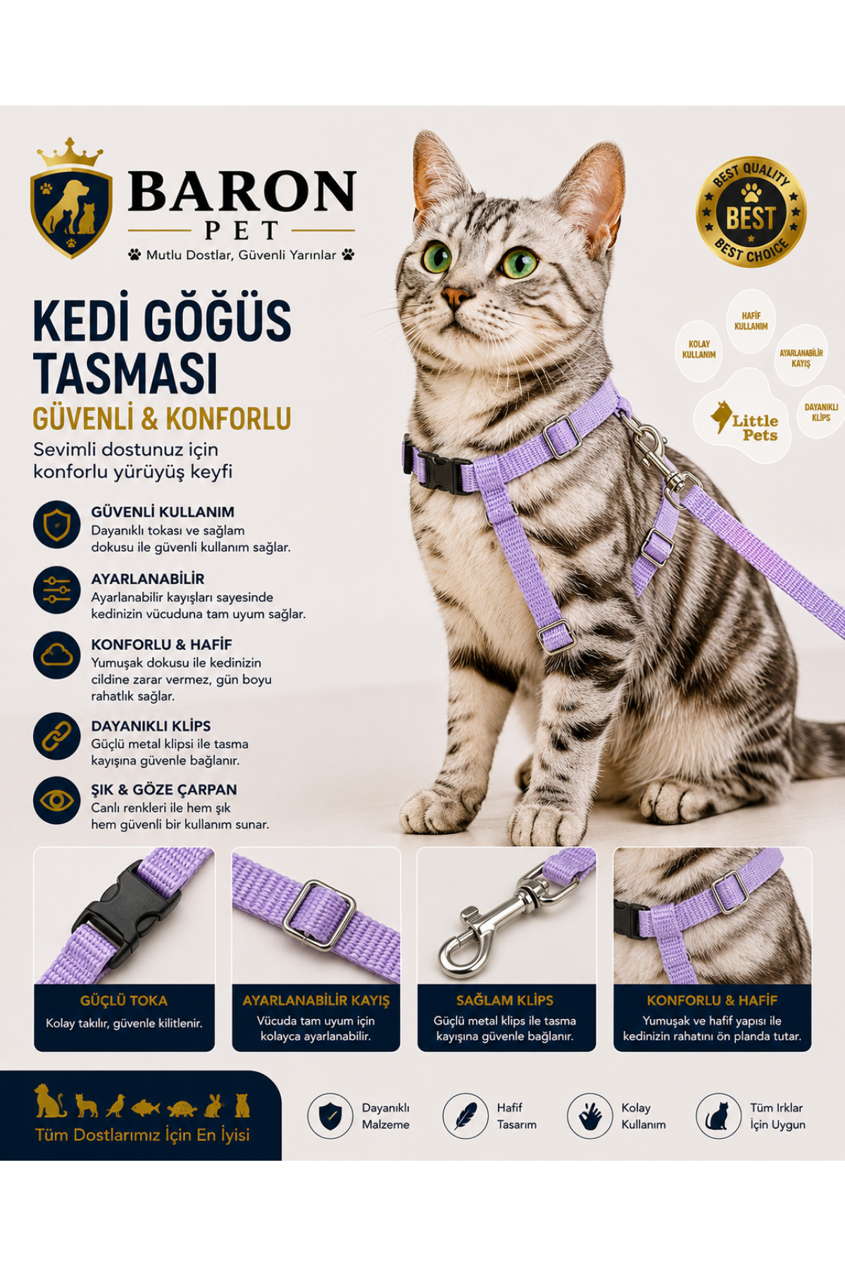 Kedi Göğüs Tasması ve Gezdirme Kayışı Seti Lila Düz Ayarlanabilir