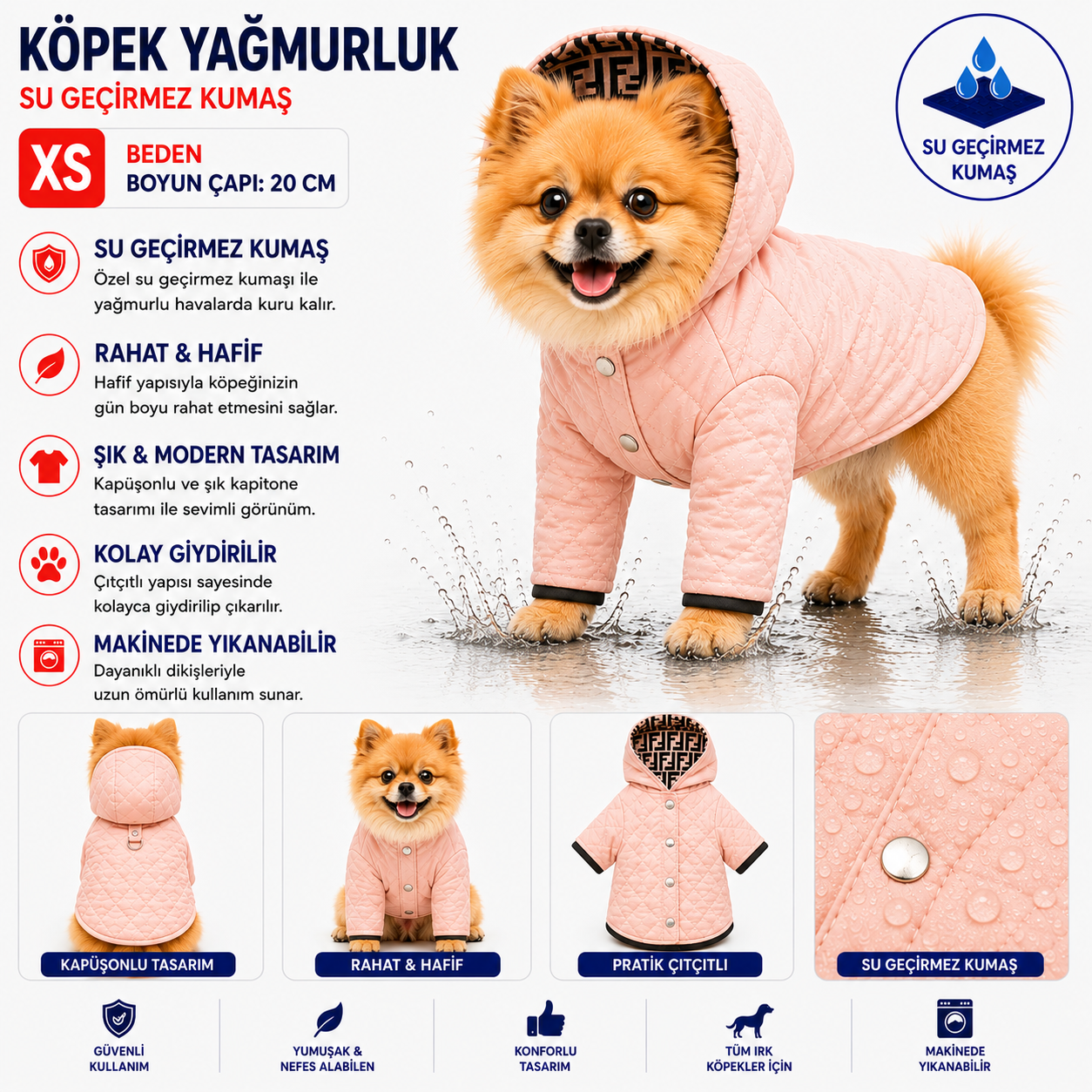 Köpek Yağmurluk XS Beden Boyun Çapı 20 cm Su Geçirmez Kapüşonlu Çıtçıtlı - Pembe