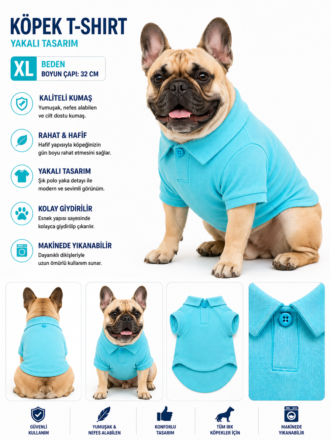 Köpek Polo Yaka Tişört XL Beden Boyun Çapı 32 cm Nefes Alabilen Kumaş - Mavi