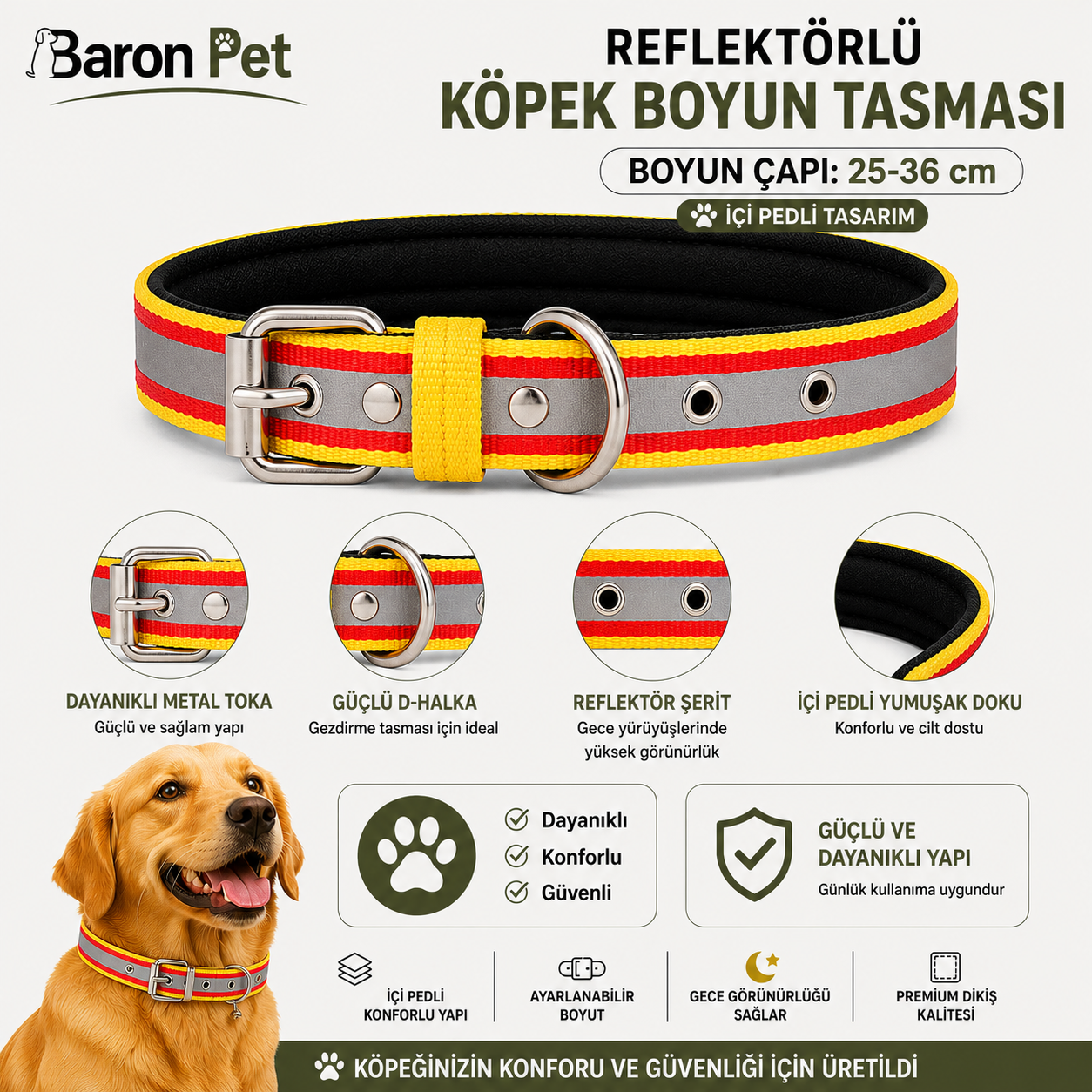 Reflektörlü Pedli Köpek Boyun Tasması 25-36 cm İçi Pedli Metal Tokalı - Sarı Kırmızı