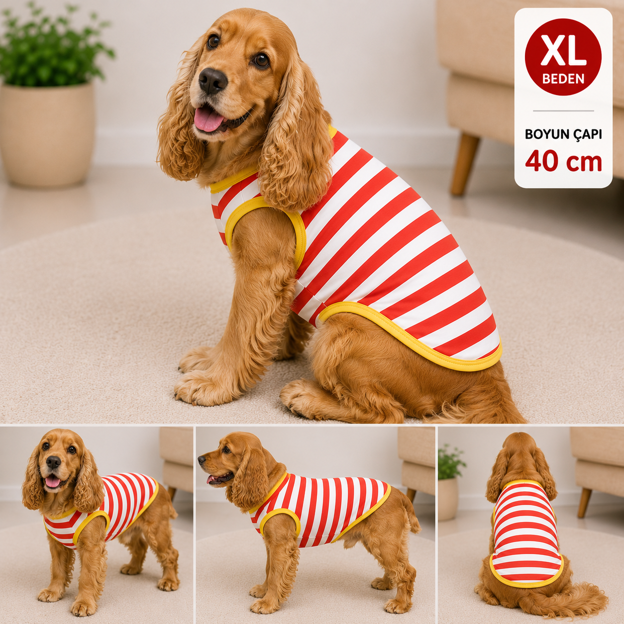 Köpek Tişörtü XL Beden Boyun Çapı 40 cm Çizgili Kolsuz Atlet - Kırmızı Beyaz