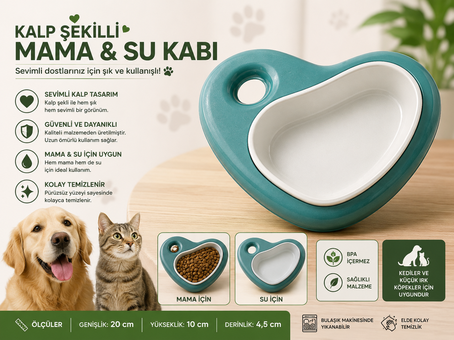 Kalp Şekilli Kedi Köpek Mama ve Su Kabı 20 cm Çıkarılabilir Hazneli - Yeşil