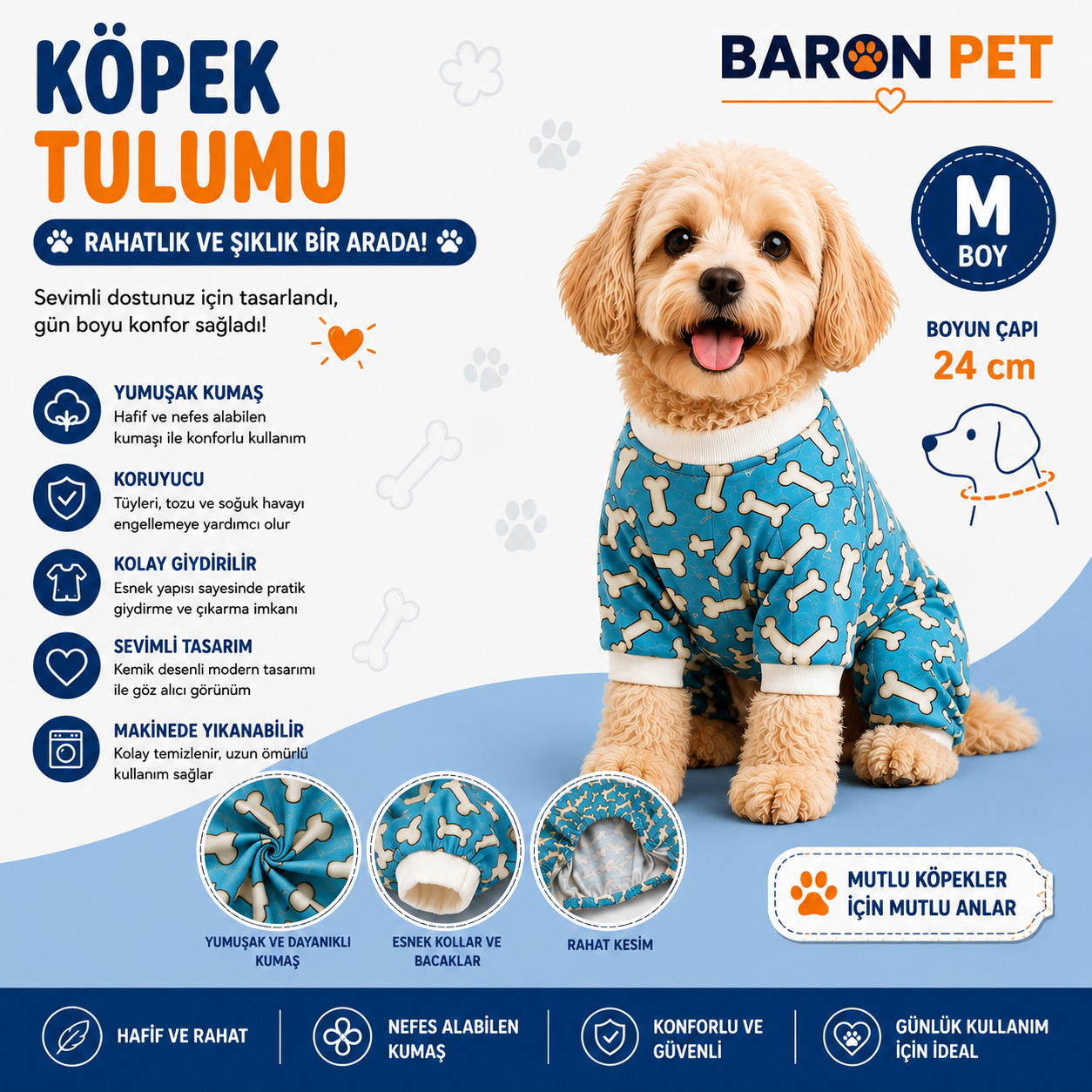 Köpek Tulumu M Beden Boyun Çapı 24 cm Kemik Desenli Dört Bacaklı - Mavi