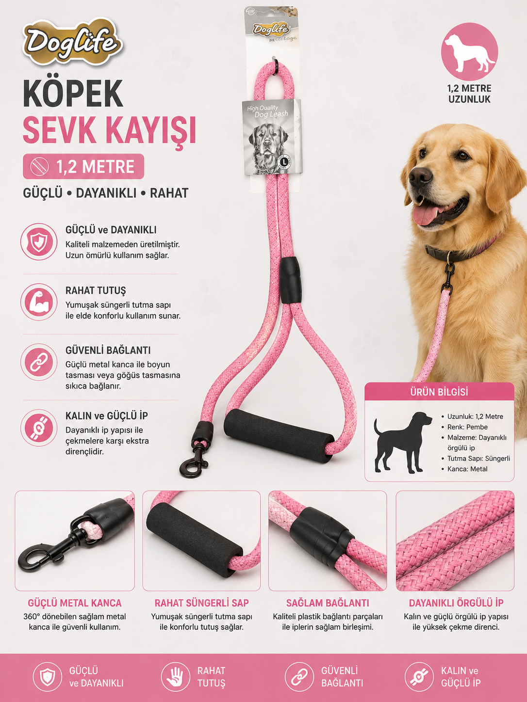 Dog Life Köpek Sevk Kayışı 1,2 Metre Örgü İp Süngerli Sap Metal Kancalı - Pembe