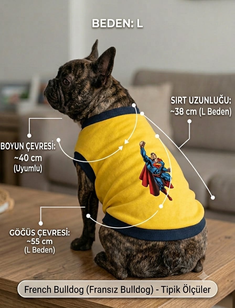 Köpek Sweatshirt L Beden Boyun Çevresi 40 cm Superman Baskılı - Sarı