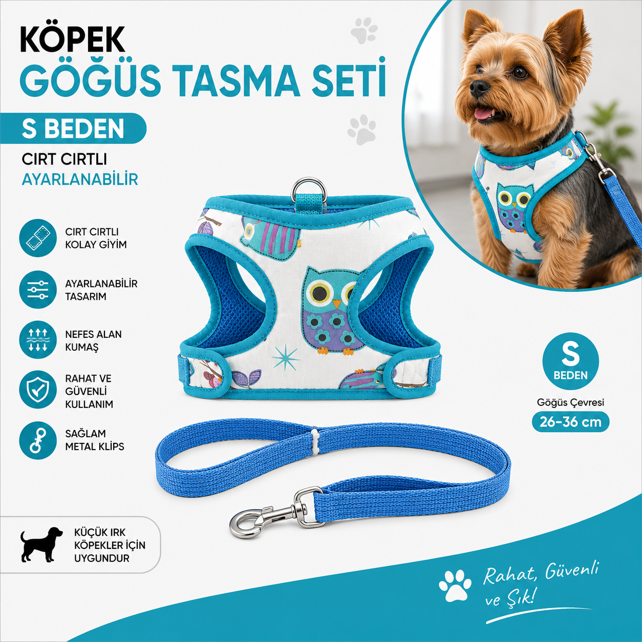 Köpek Göğüs Tasması ve Sevk Kayışı Seti S Beden 26-36 cm Cırt Cırtlı Baykuş Desenli