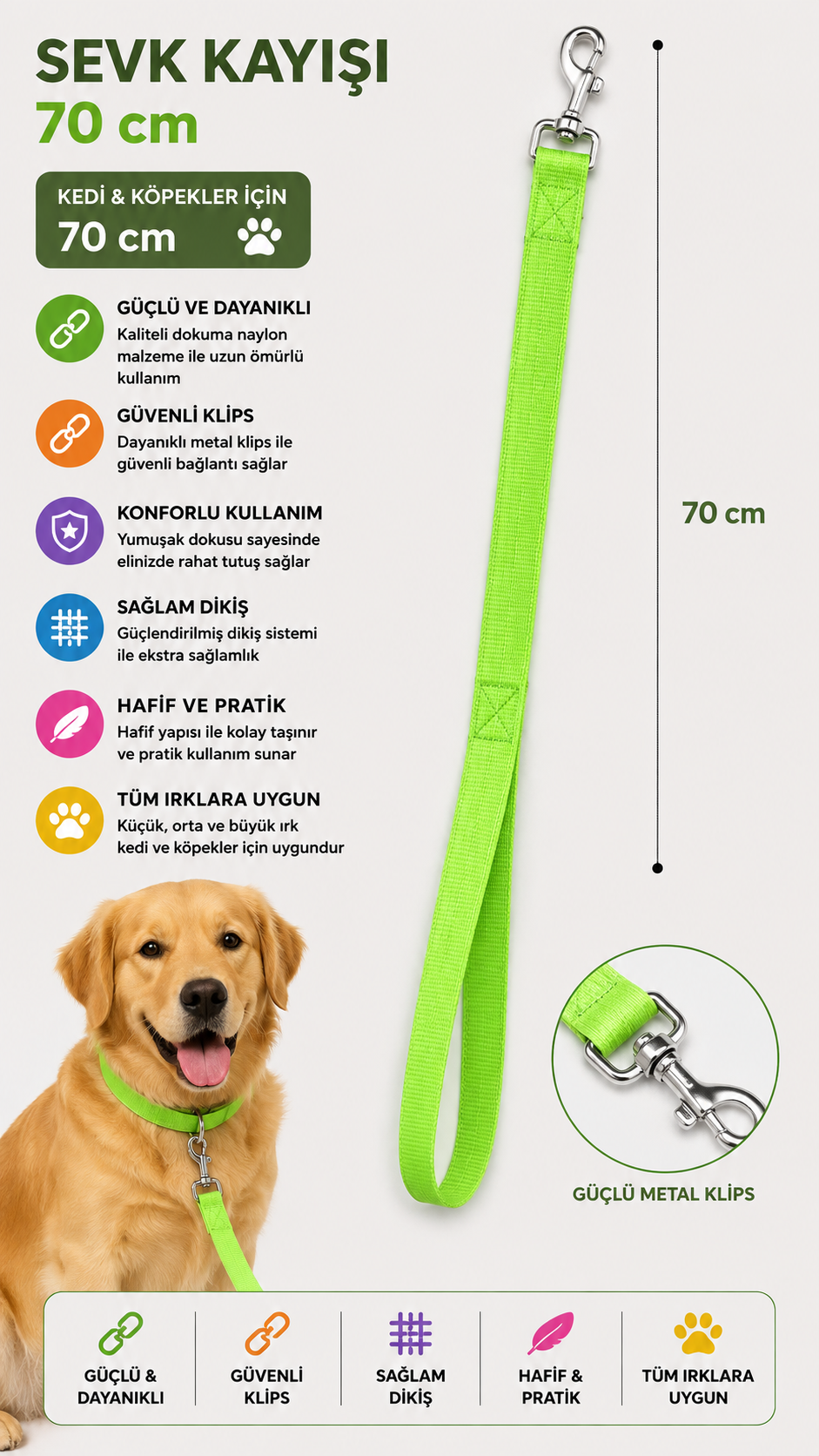 Kedi ve Köpek Sevk Kayışı 70 cm Dokuma Naylon Metal Klipsli Kısa Gezdirme Kayışı - Fıstık Yeşili
