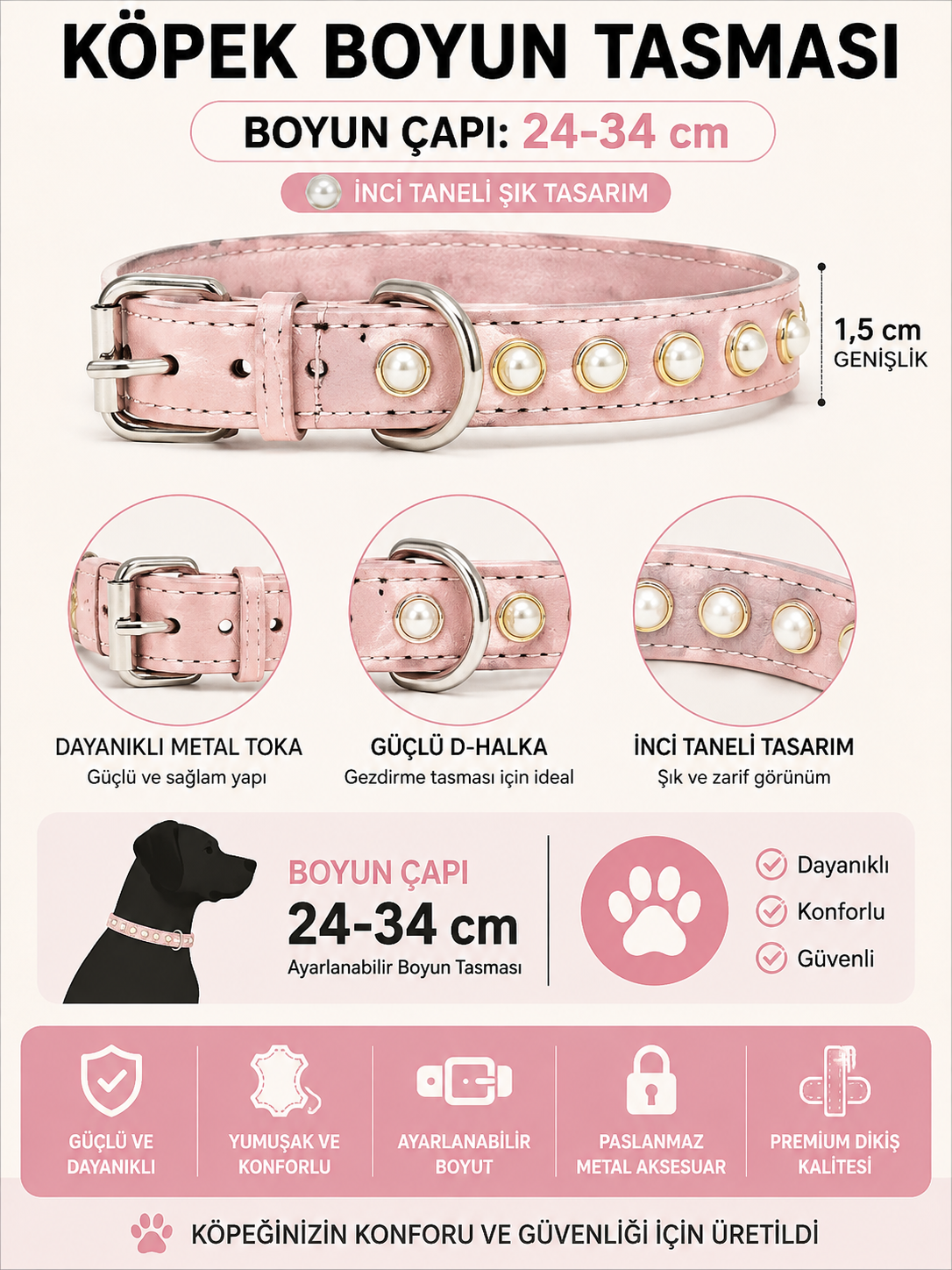 İnci Taneli Deri Köpek Boyun Tasması 24-34 cm Küçük Irk Metal Tokalı - Pudra Pembe