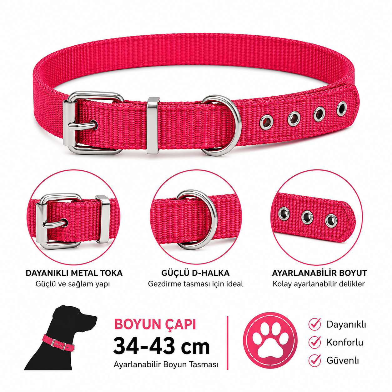 Köpek Boyun Tasması 34-43 cm Dokuma Naylon Metal Tokalı D Halkalı Ayarlanabilir - Kırmızı