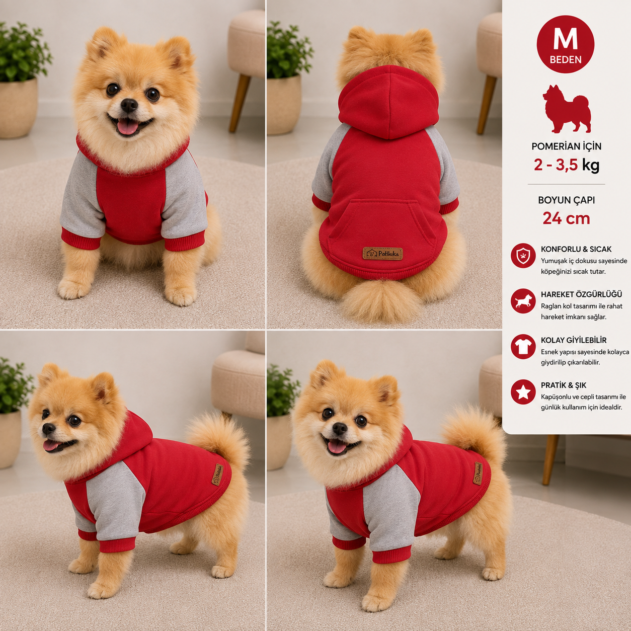 Köpek Sweatshirt M Beden Boyun Çapı 24 cm Kapüşonlu Cepli Raglan Kollu - Kırmızı Gri