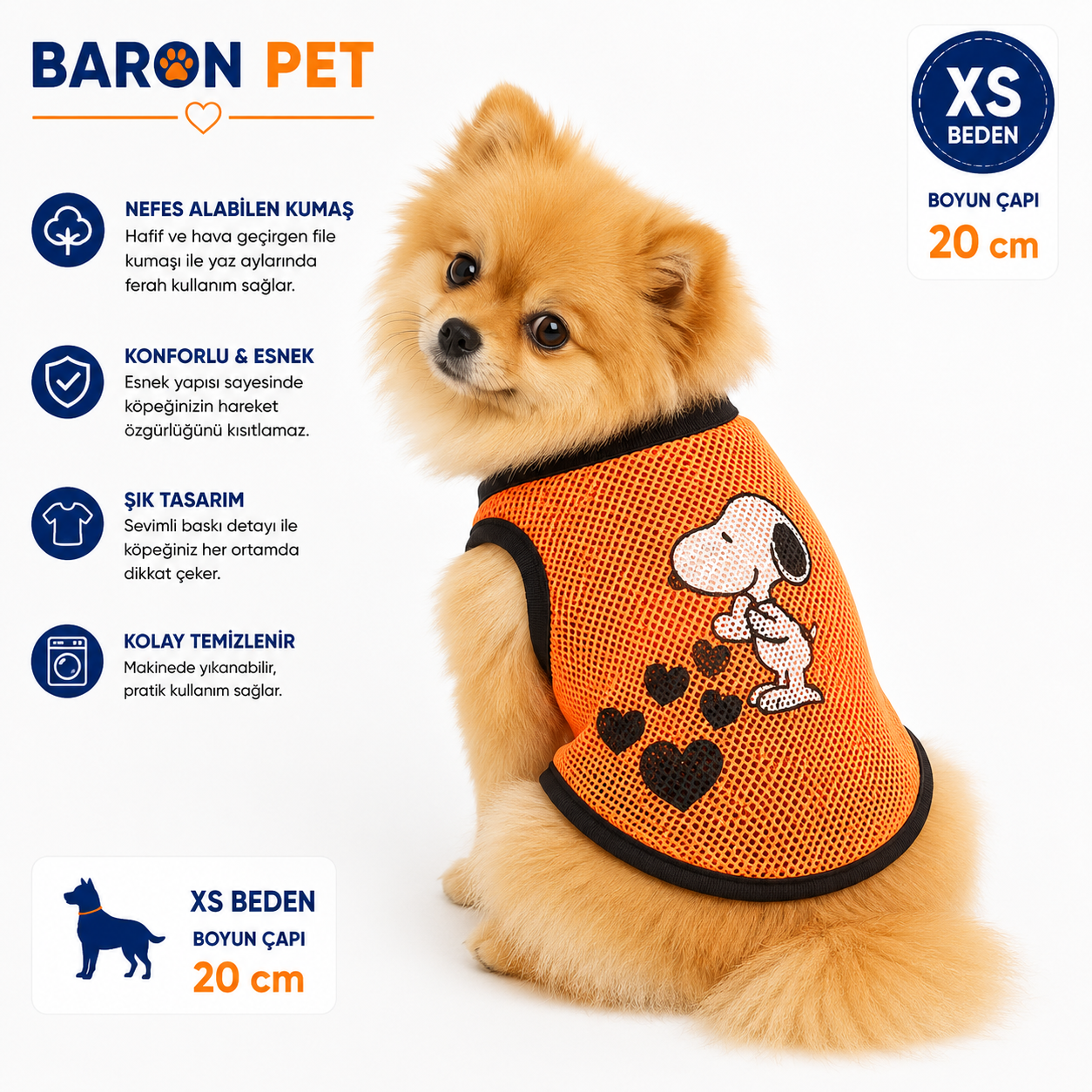 Köpek Tişörtü XS Beden Boyun Çapı 20 cm Kalpli File Kumaş Kolsuz Atlet - Turuncu