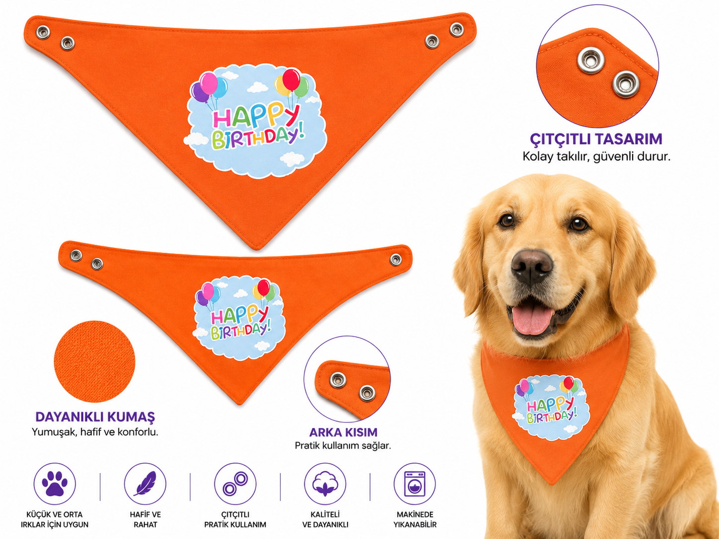 Happy Birthday Köpek ve Kedi Fuları Çıtçıtlı Doğum Günü Bandanası - Turuncu