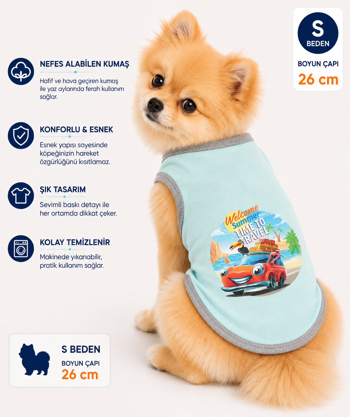 Köpek Tişörtü S Beden Boyun Çapı 26 cm Time To Travel Baskılı Kolsuz Atlet - Mint Yeşili