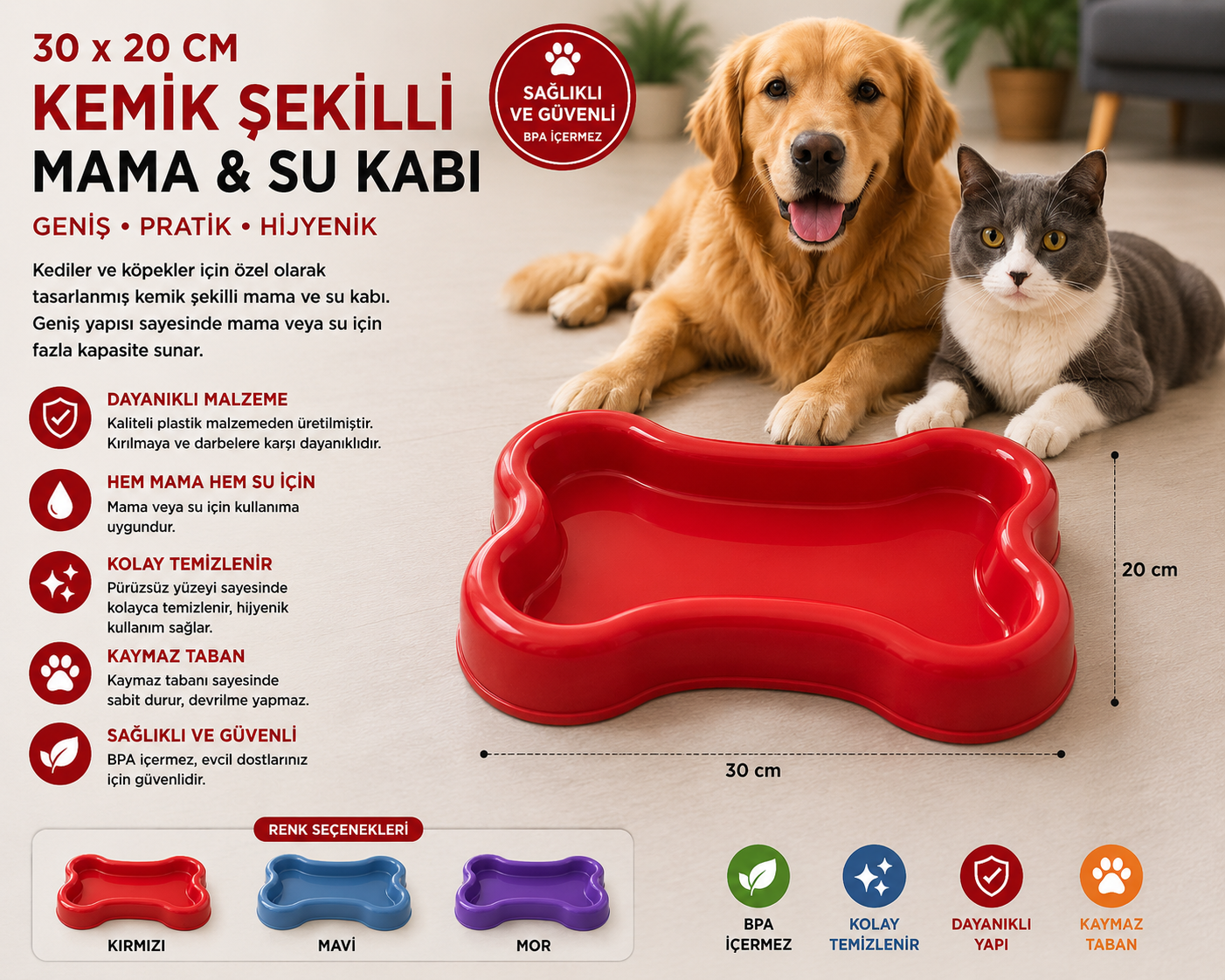 Kemik Şekilli Kedi Köpek Mama ve Su Kabı 30x20 cm Geniş Kaymaz Tabanlı - Kırmızı