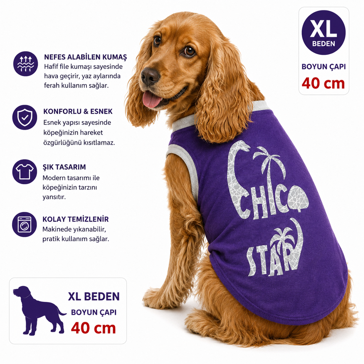 Köpek Tişörtü XL Beden Boyun Çapı 40 cm Palmiye Yazı Baskılı Kolsuz Atlet - Mor