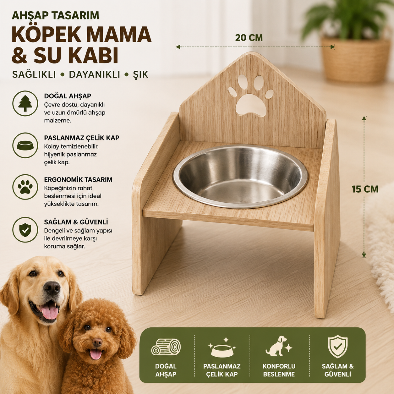 Ahşap Standlı Köpek Mama ve Su Kabı 20x15 cm Paslanmaz Çelik Kaseli Yükseltilmiş