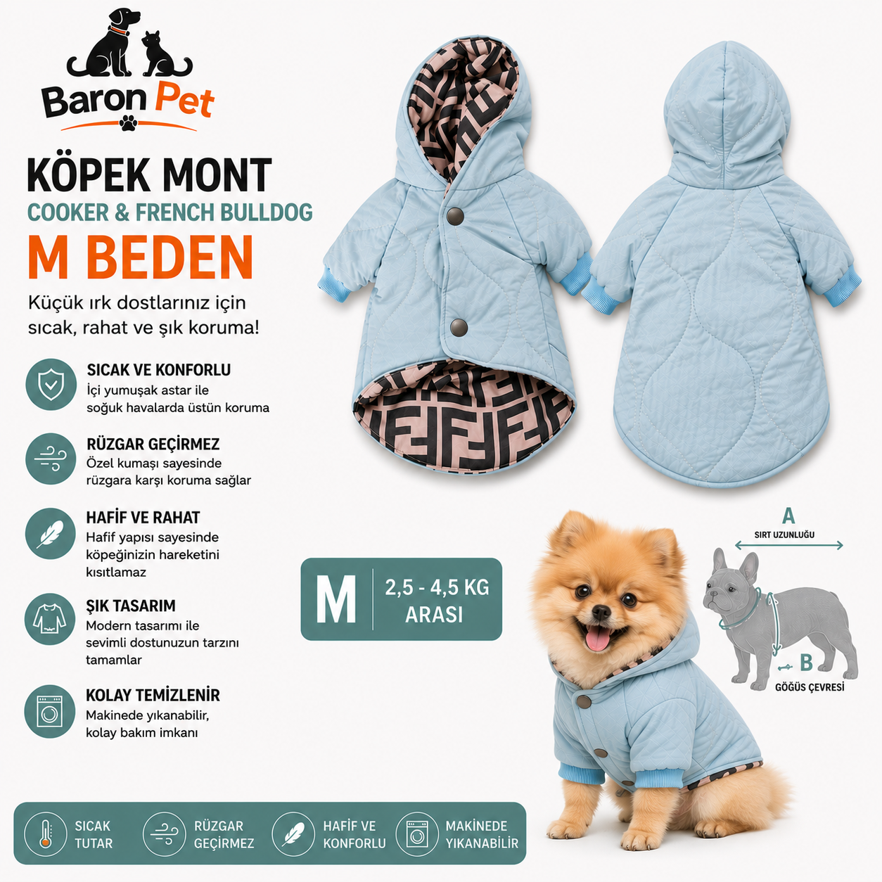 Köpek Montu M Beden 2,5-4,5 kg Kapüşonlu Kapitone Rüzgar Geçirmez - Bebek Mavisi