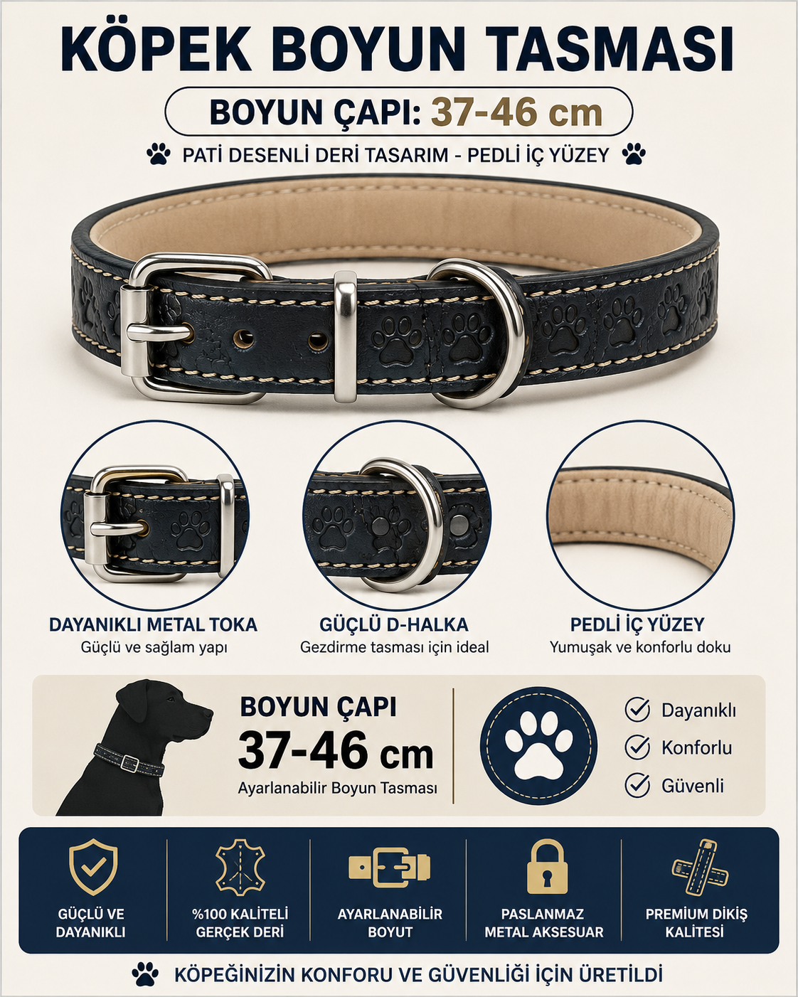 Pati Desenli Deri Köpek Boyun Tasması 37-46 cm Pedli İç Yüzey Metal Tokalı - Lacivert