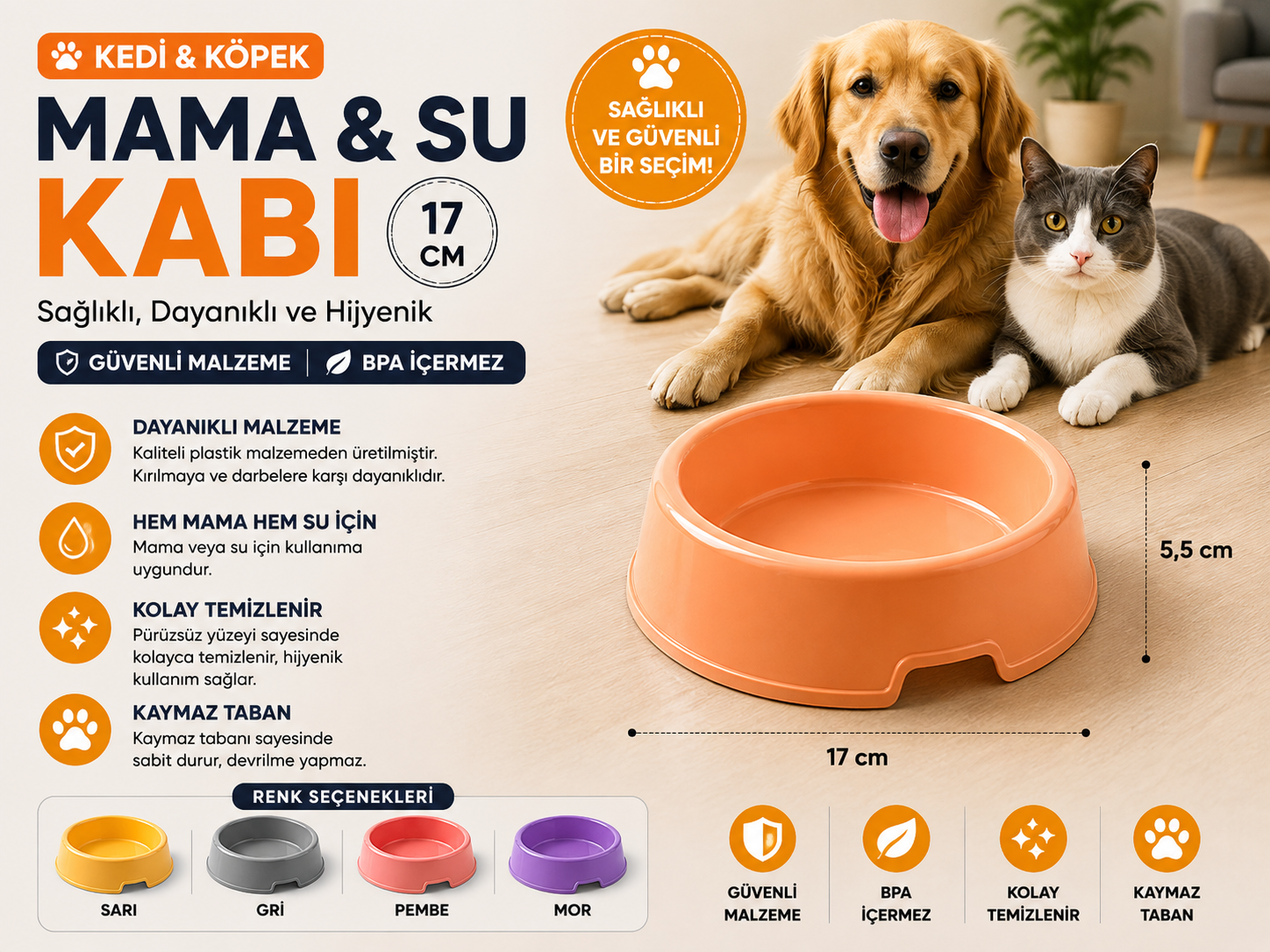 Kedi Köpek Mama ve Su Kabı 17 cm Kaymaz Tabanlı BPA İçermez - Turuncu