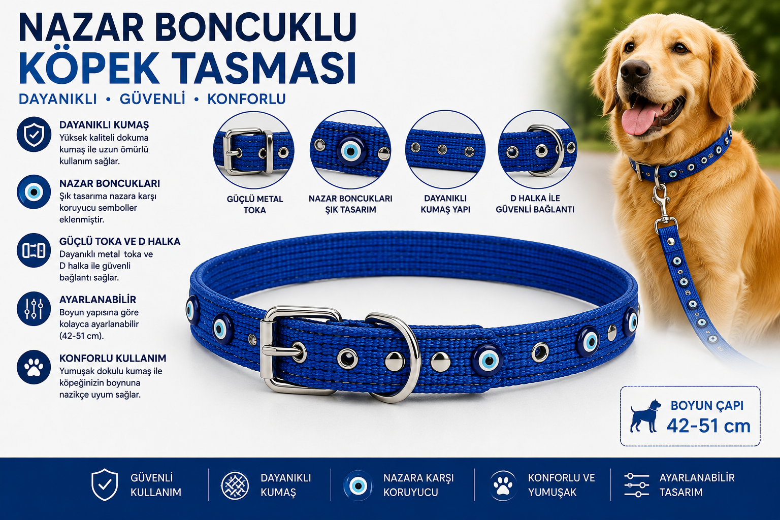 Nazar Boncuklu Köpek Boyun Tasması 42-51 cm Ayarlanabilir Metal Tokalı D Halkalı - Mavi