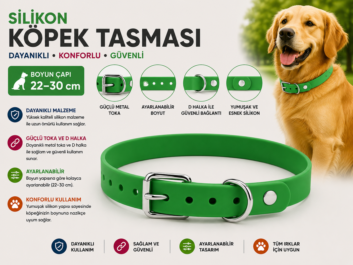 Silikon Köpek Boyun Tasması 22-30 cm Küçük Irk Su Geçirmez Ayarlanabilir Metal Tokalı - Yeşil