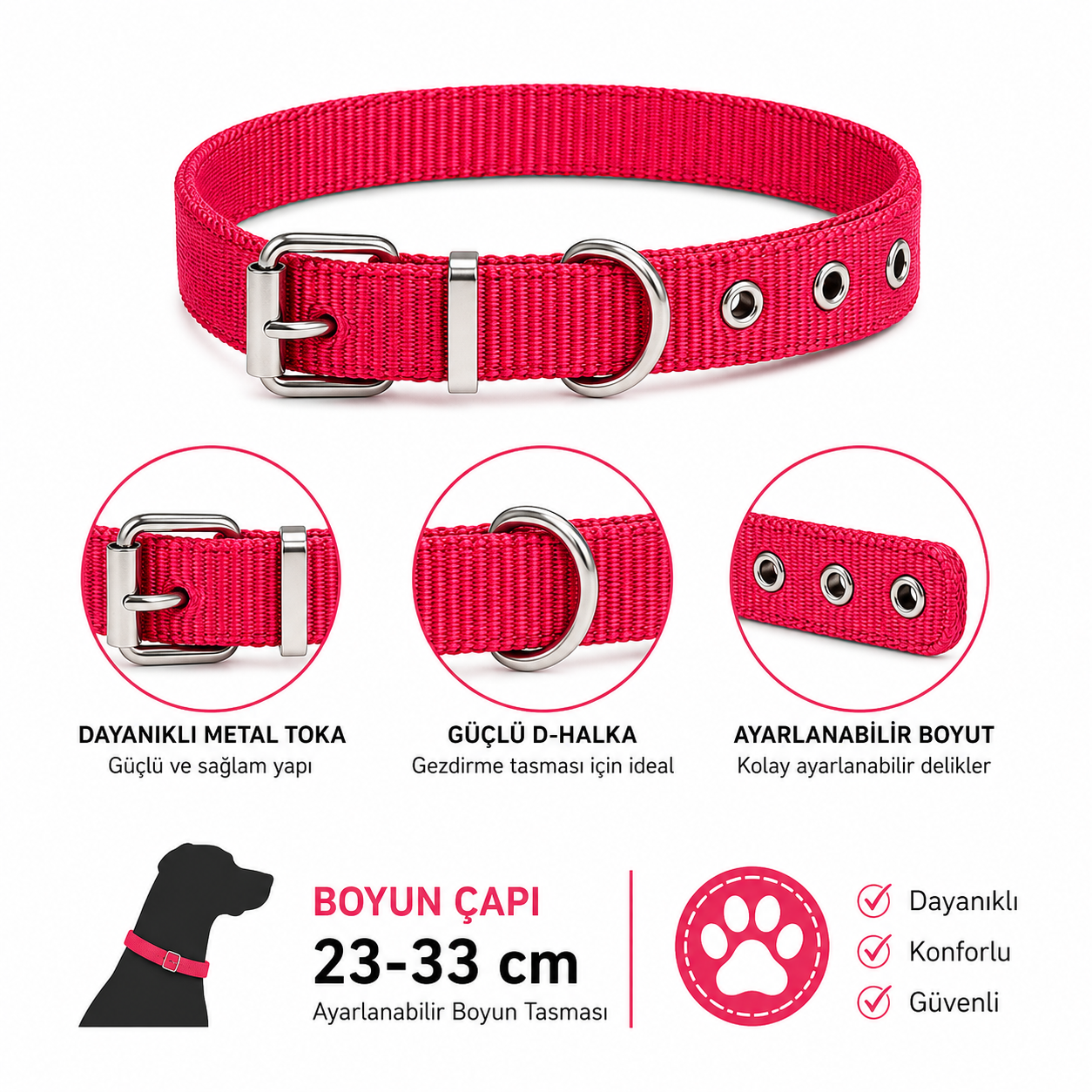 Köpek Boyun Tasması 23-33 cm Küçük Irk Dokuma Naylon Metal Tokalı D Halkalı - Kırmızı